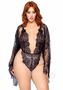 Leg Avenue Floral Lace Teddy With Adjustable Straps And Cheeky Thong Back, Matching Lace Robe With Scalloped Trim And Satin Tie (3 Pieces) - 1x-2x - Black